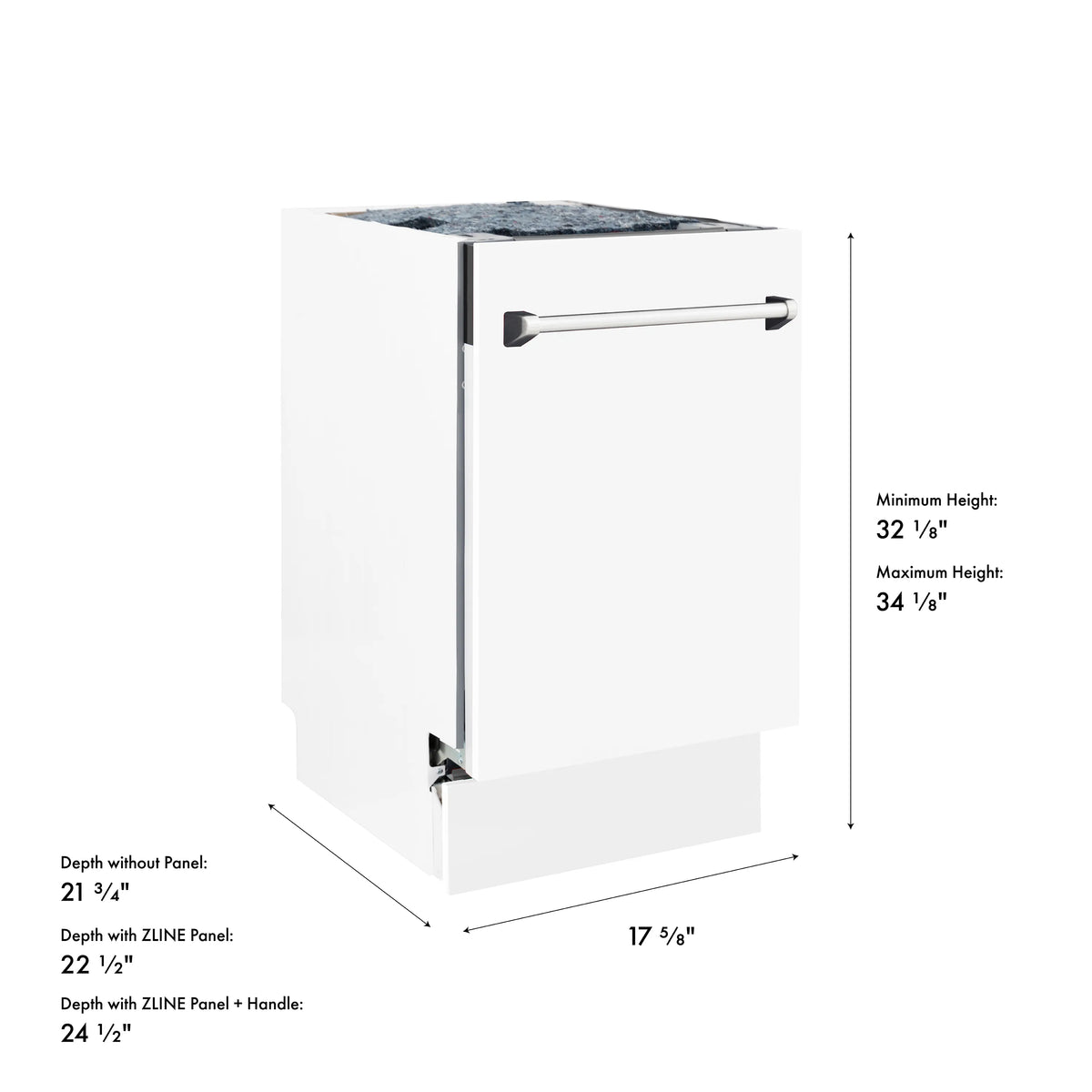 Dishwasher size diagram showing depth and height measurements with handle