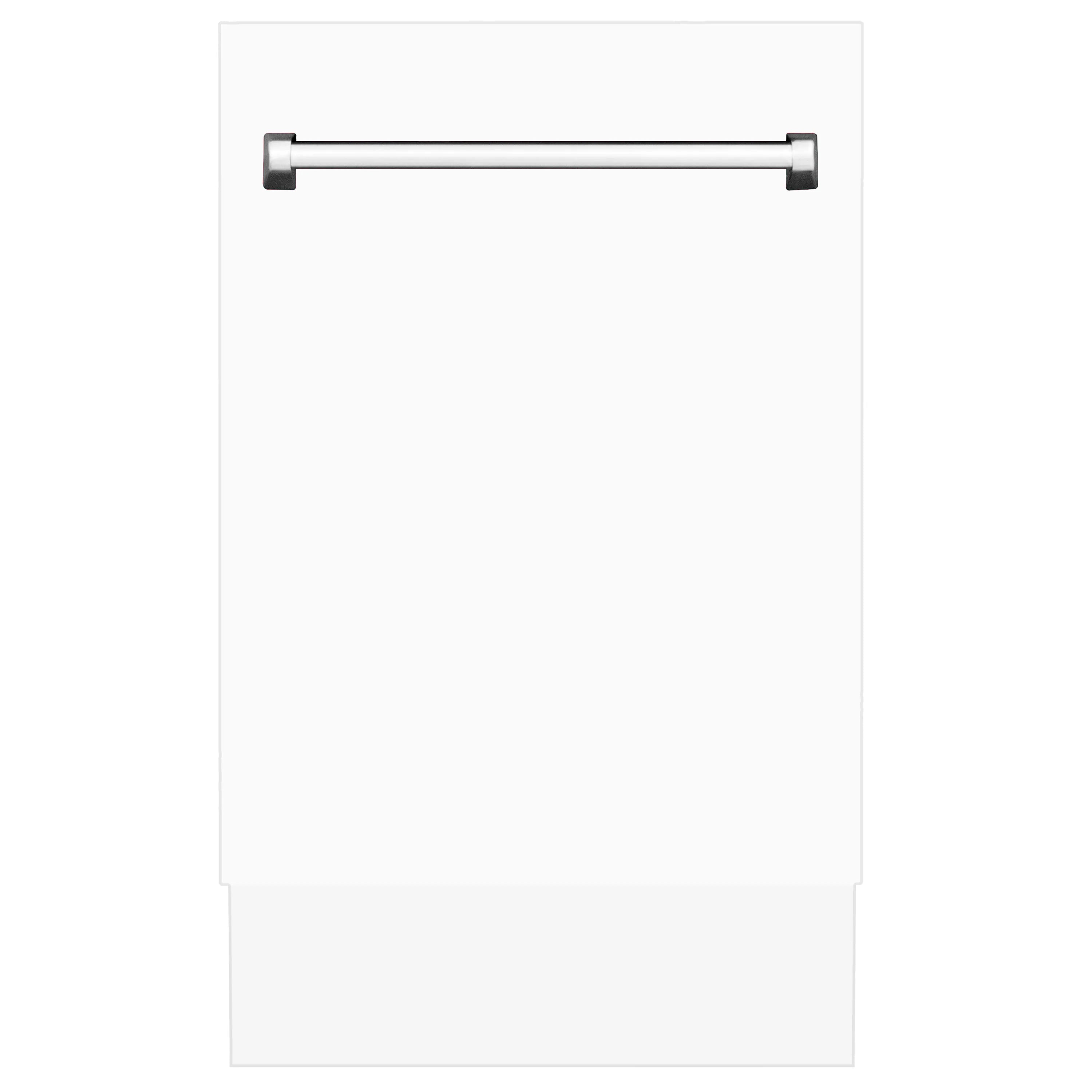 White dishwasher front panel with stainless steel pull handle