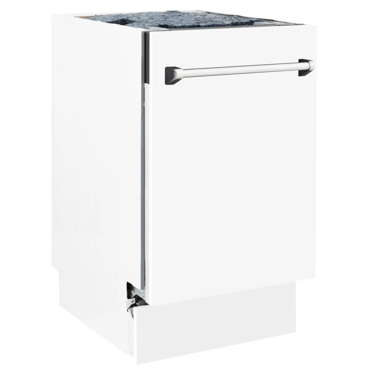 Dishwasher front view in white with stainless pull handle and top vent