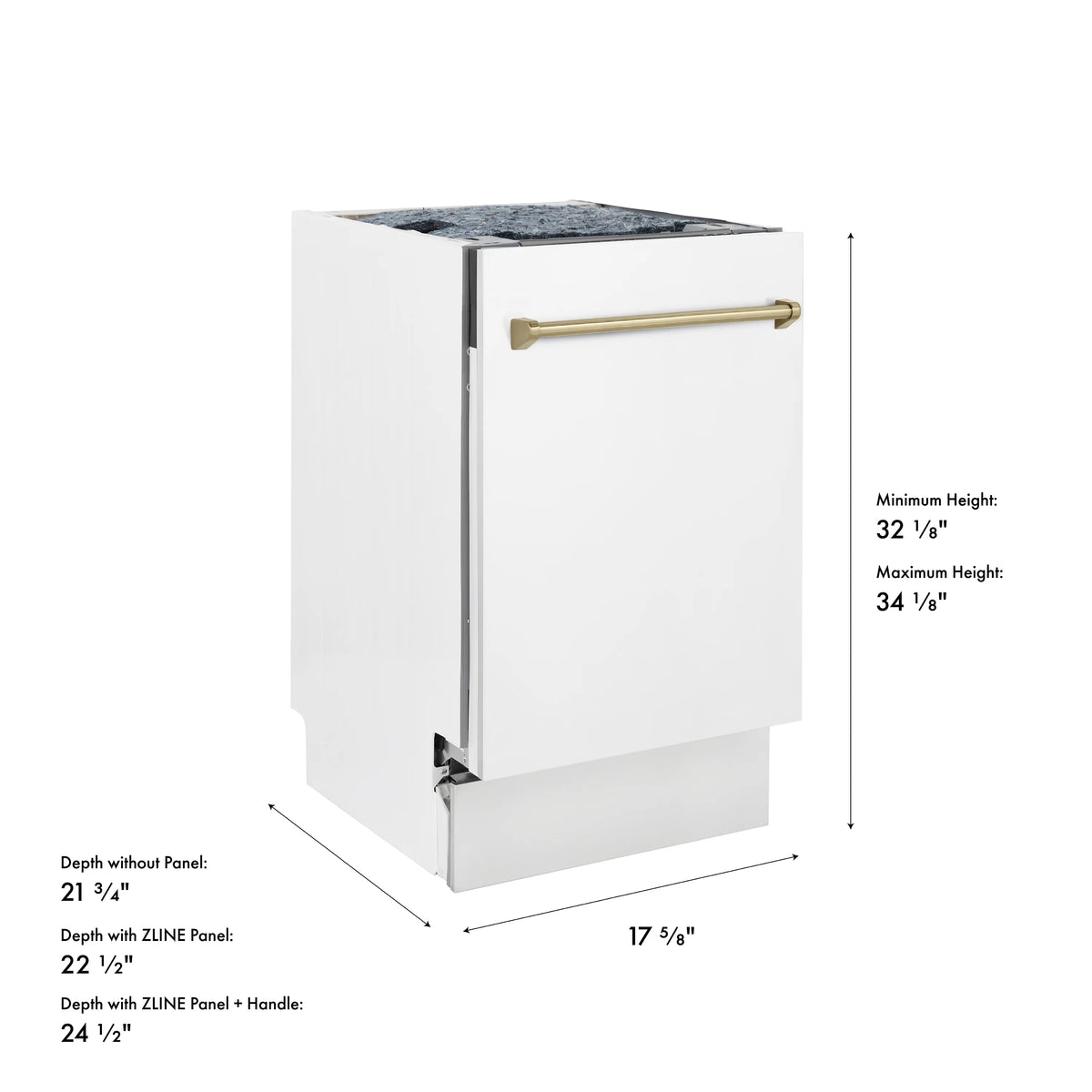 White matte compact dishwasher with open door and champagne bronze handle
