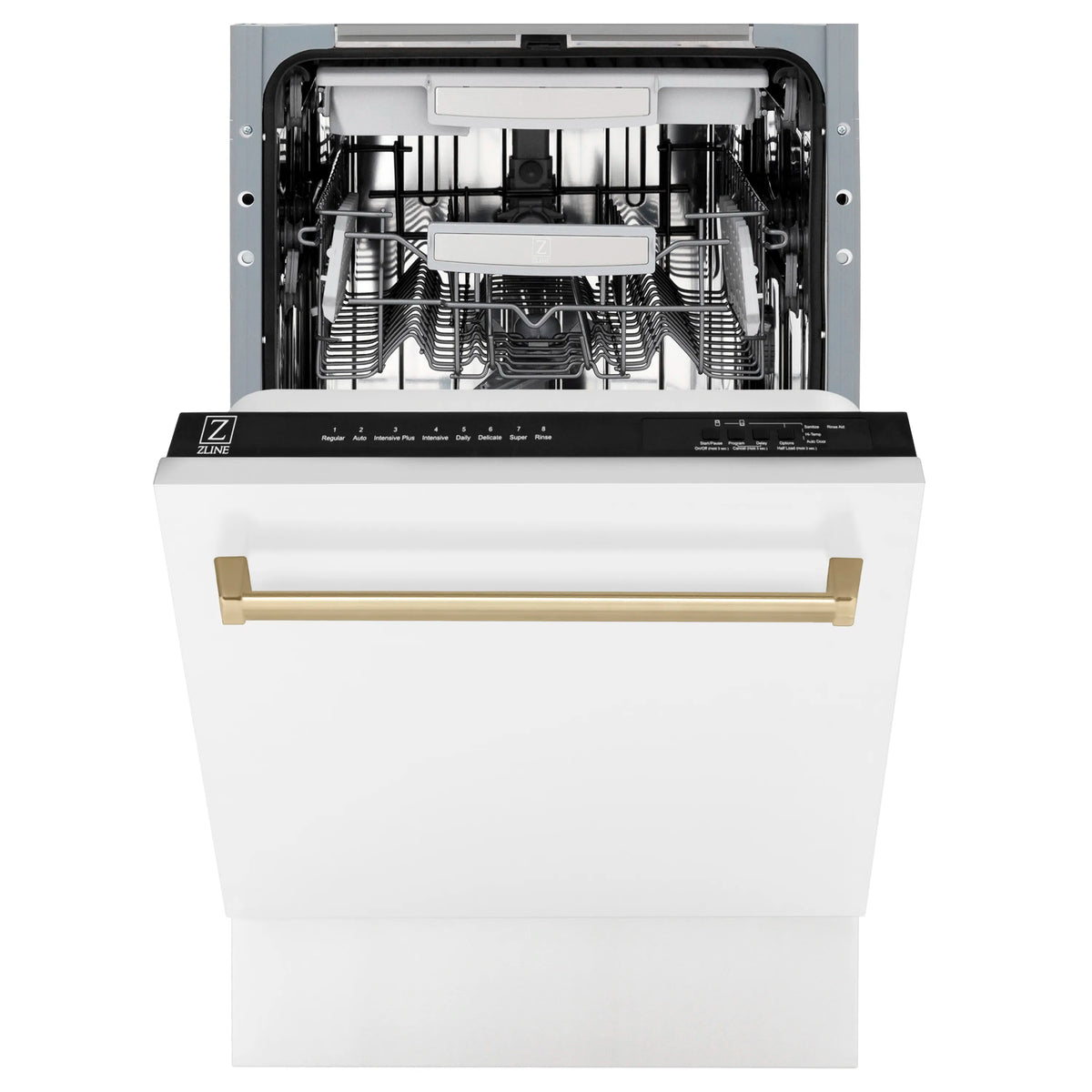 White matte dishwasher interior with third rack and bronze front handle