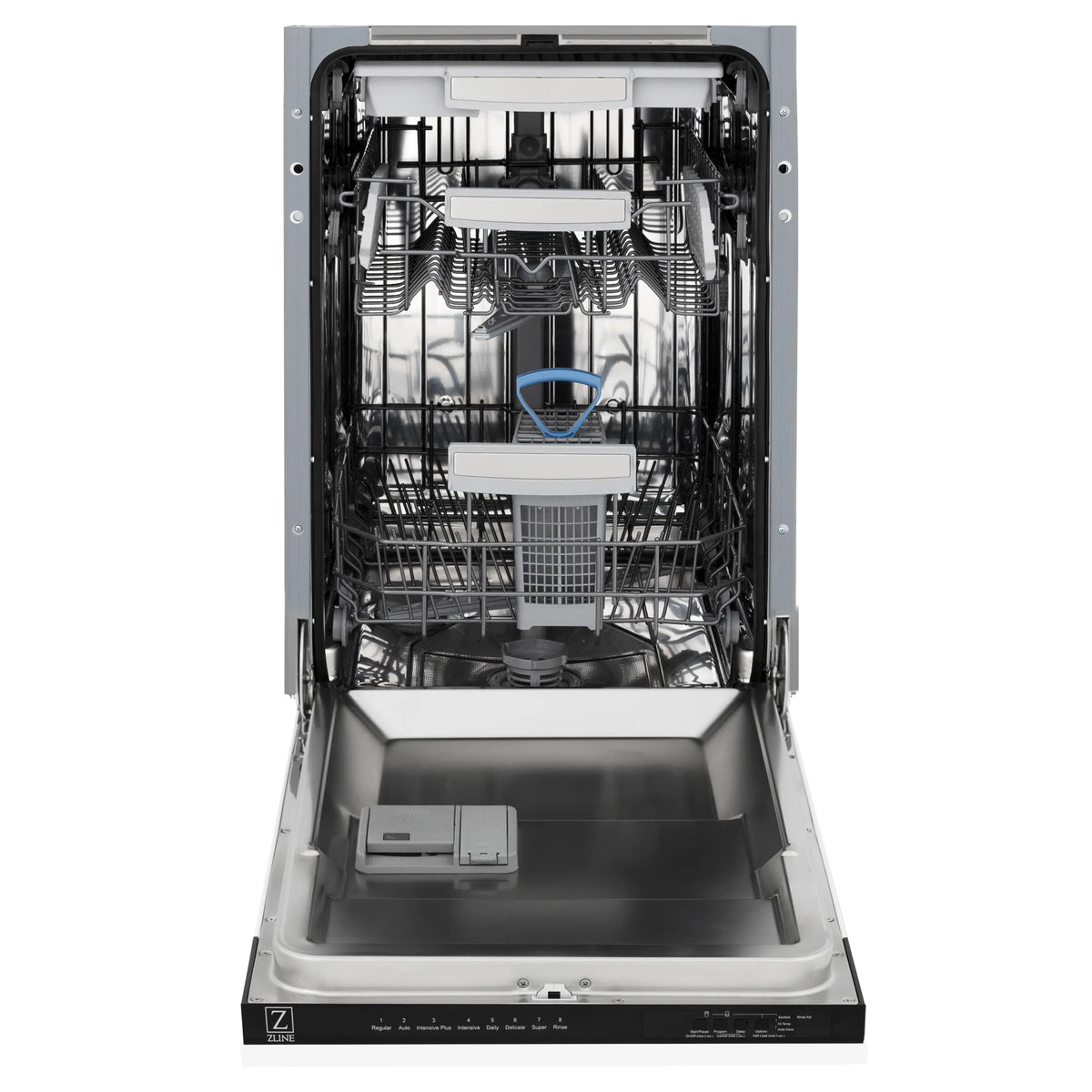 Dishwasher interior with wire racks and blue basket, white front panel