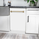 Built-in dishwasher opening with champagne bronze handle and white matte door
