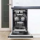 Built-in dishwasher open with interior racks and top control panel, white matte