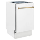 Compact dishwasher front in matte white with champagne bronze horizontal handle