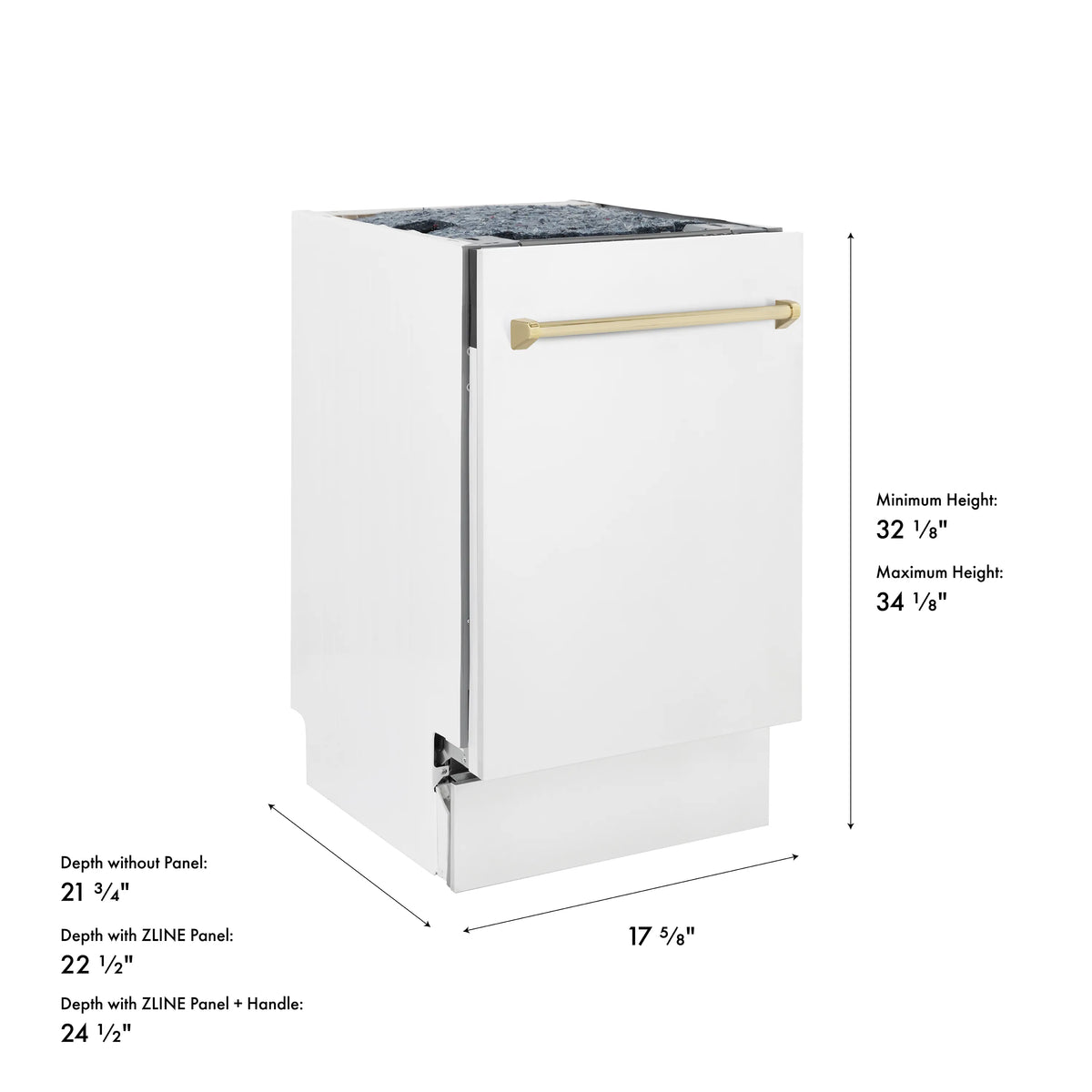 White dishwasher cabinet with gold handle shown in side-view dimensions diagram