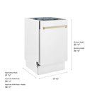 White dishwasher cabinet with gold handle shown in side-view dimensions diagram