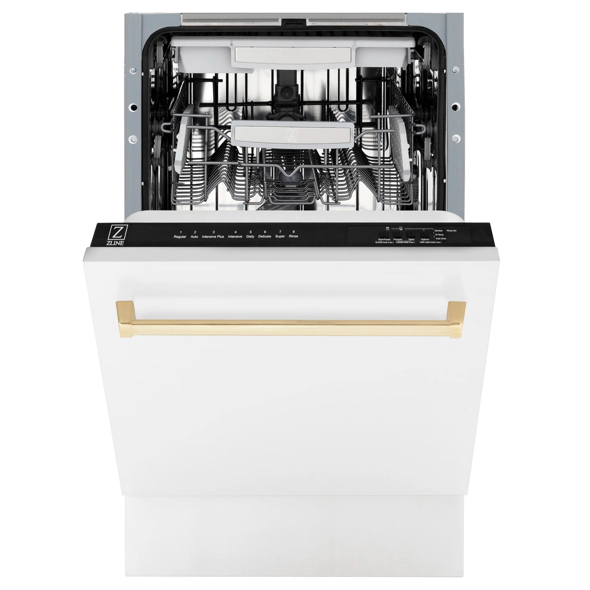Open dishwasher with interior racks and polished gold handle
