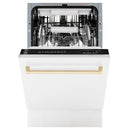 Open dishwasher with interior racks and polished gold handle