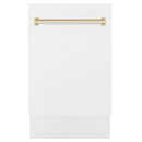 White dishwasher front panel with polished gold handle