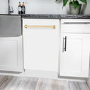 White matte compact dishwasher with gold bar handle and top control panel