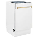 Compact white matte dishwasher with gold handle, front corner view