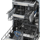 Open dishwasher showing upper and lower racks with third-tier basket