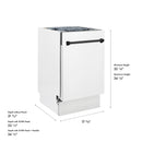 White built-in dishwasher with black handle, size diagram view