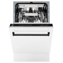 Front view of open dishwasher with racks and white exterior