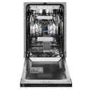 White matte compact dishwasher with open racks and top third rack