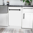 White matte dishwasher under-counter with matte black handle and open door