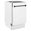 White matte compact dishwasher with matte black handle and closed door