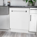 Built-in white matte dishwasher with long bar handle and closed door