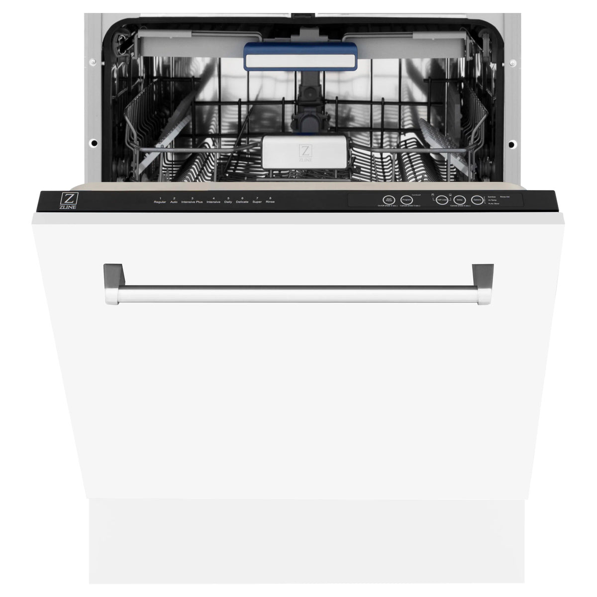 White matte dishwasher front with open door and interior racks, control panel along top