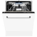 White matte dishwasher front with open door and interior racks, control panel along top