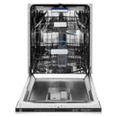 White matte dishwasher with stainless steel tub and gray racks, door open interior view
