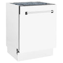 White matte dishwasher door with stainless steel frame and front handle