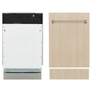 Dishwasher with white door and matching wood front panel with bar handle.