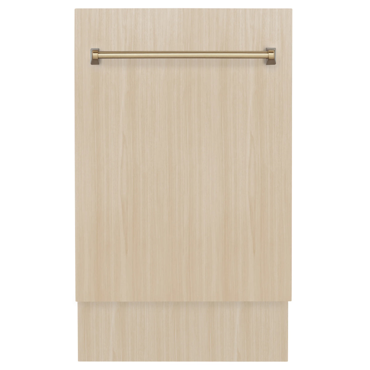 Dishwasher wood front panel with champagne bronze horizontal bar handle.