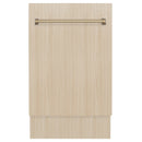 Dishwasher wood front panel with champagne bronze horizontal bar handle.