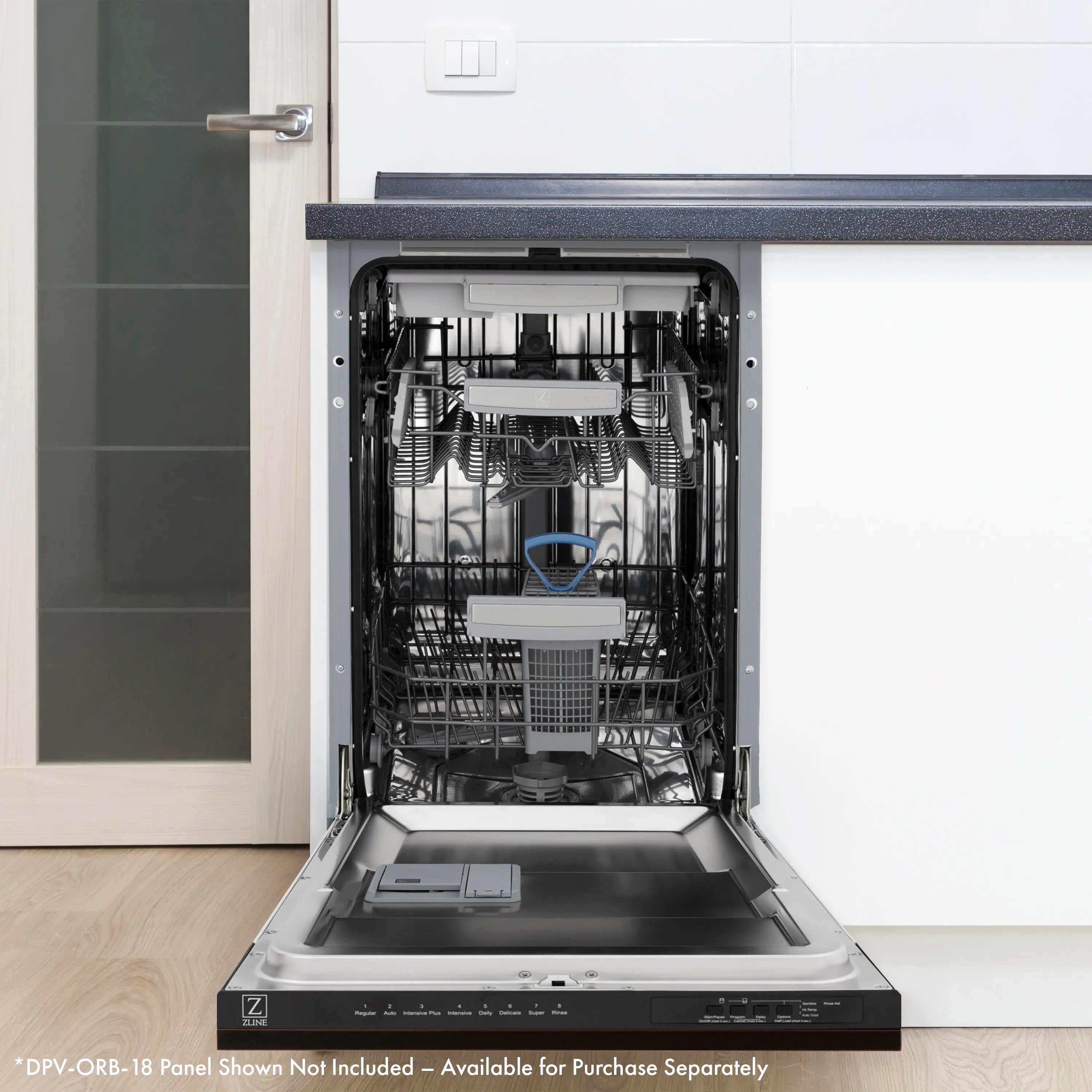 Built-in dishwasher with open door showing interior racks and tub.
