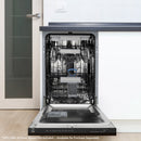 Built-in dishwasher with open door showing interior racks and tub.