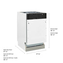 Panel-ready dishwasher with white front and side view, showing overall height and depth clearance.