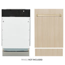 Panel-ready dishwasher and matching wood-look front panels with polished gold horizontal handle.