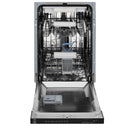 Panel-ready dishwasher interior with upper and lower racks, spray arms, and visible wash compartment.
