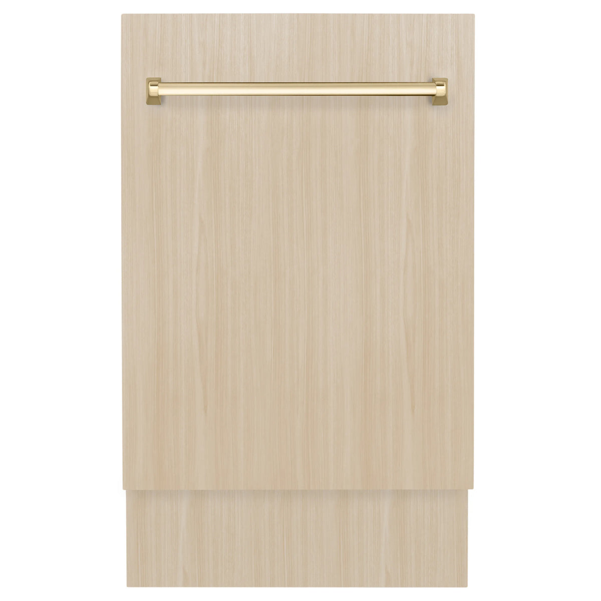 Wood-look custom door panel for dishwasher with polished gold horizontal handle.