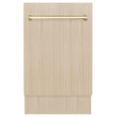 Wood-look custom door panel for dishwasher with polished gold horizontal handle.