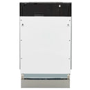 Panel-ready dishwasher front view with white door and dark top control panel, open base rack area.