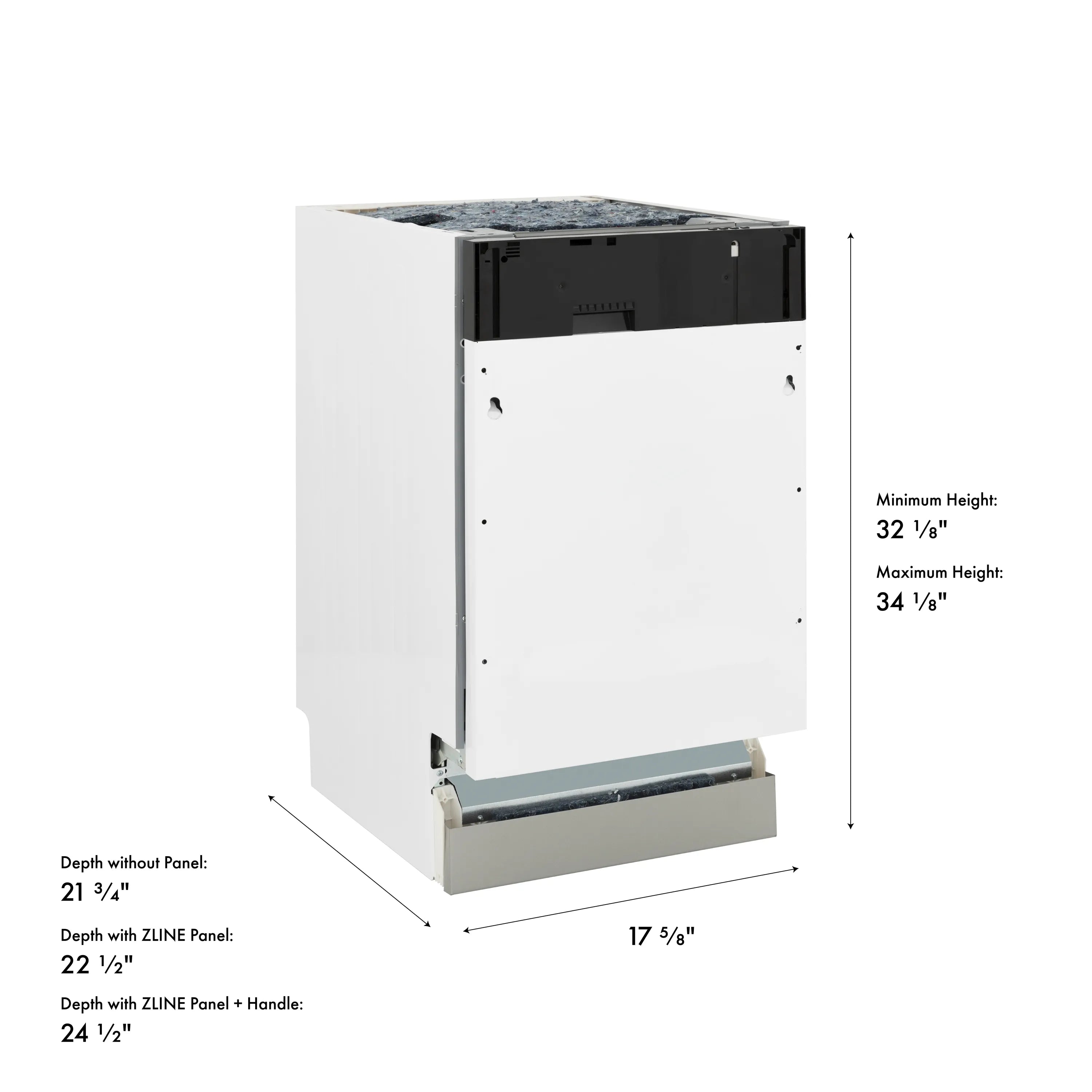 Panel-ready dishwasher dimension diagram with height and depth measurements