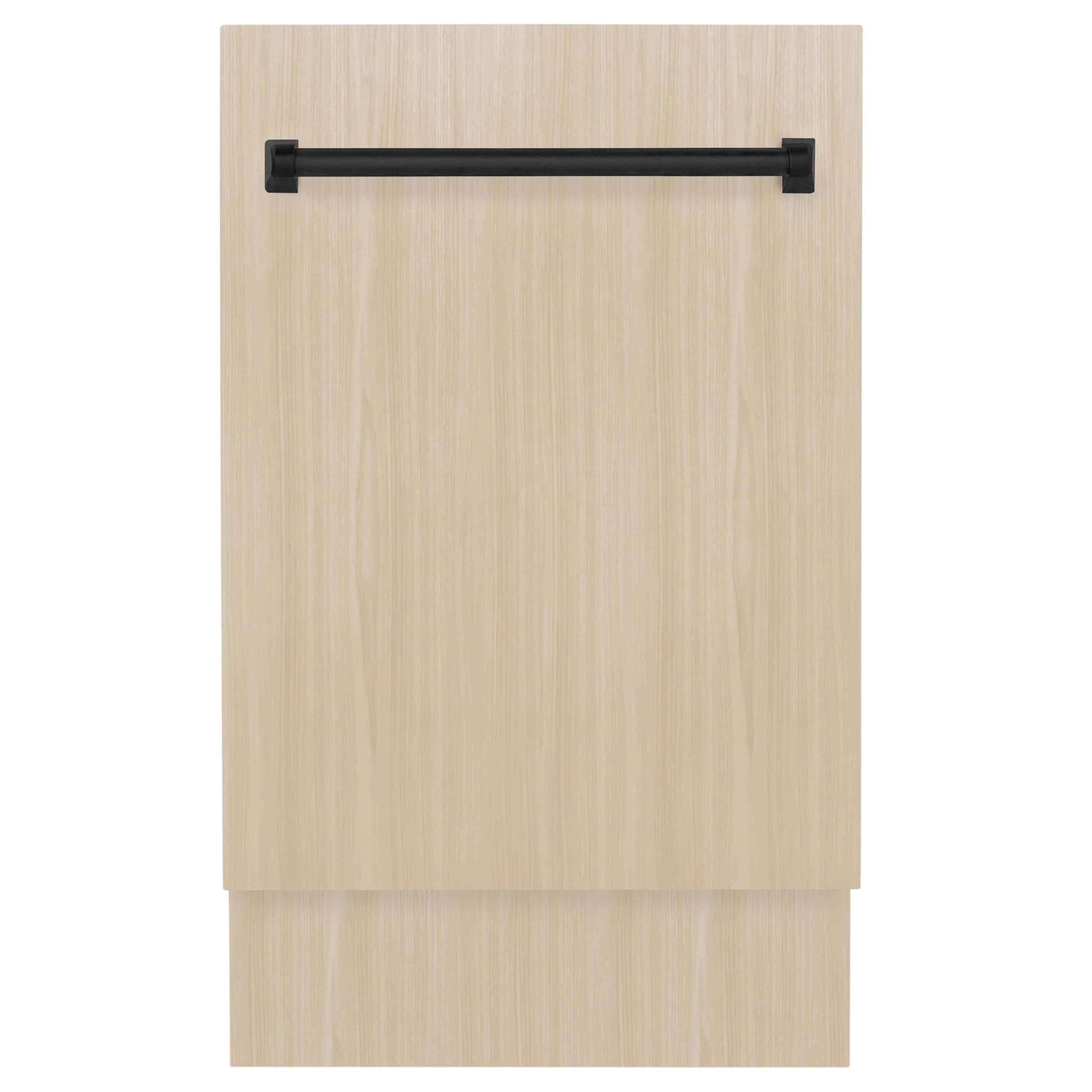 Custom panel-ready dishwasher front with matte black top handle and light wood door panel