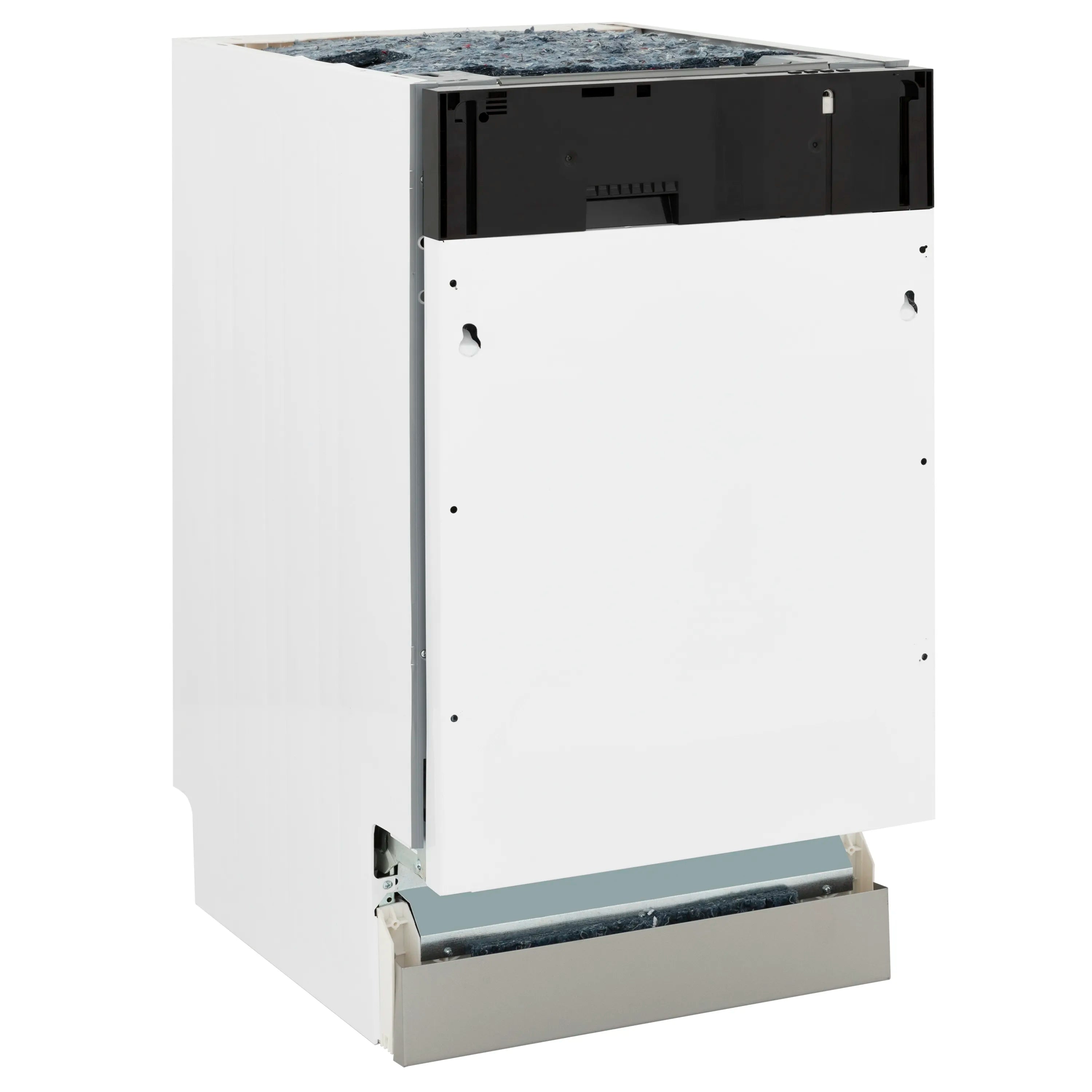 Custom panel-ready dishwasher cabinet with black top section and handle openings