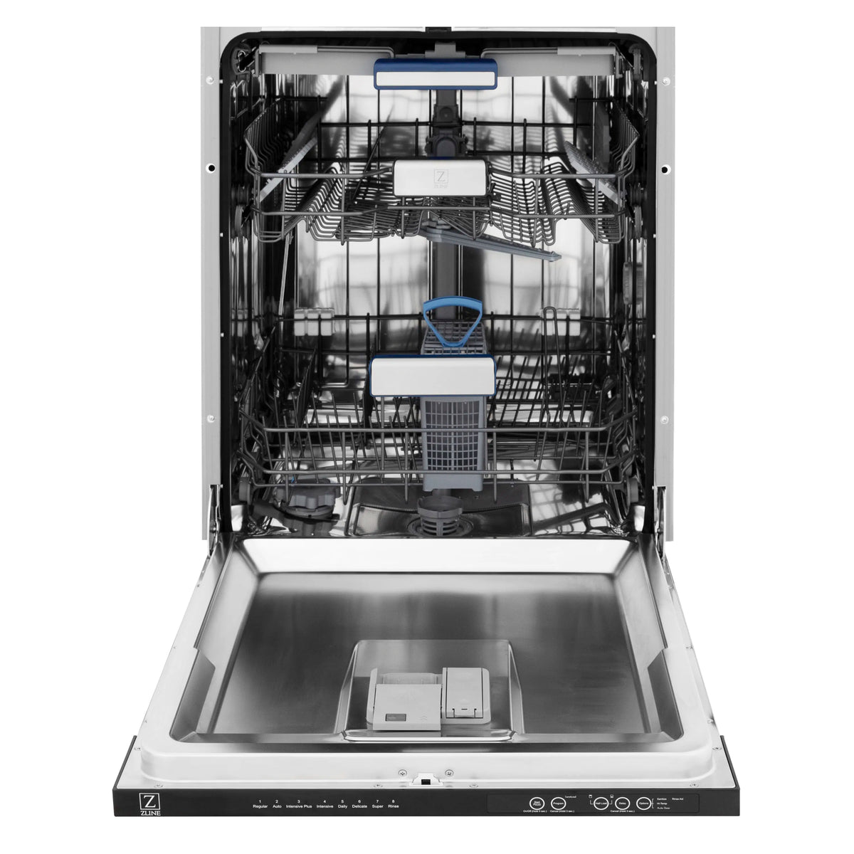 Tall built-in dishwasher open interior with racks and stainless steel wash tub