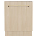 Custom front panel with champagne bronze handle for a built-in tall dishwasher