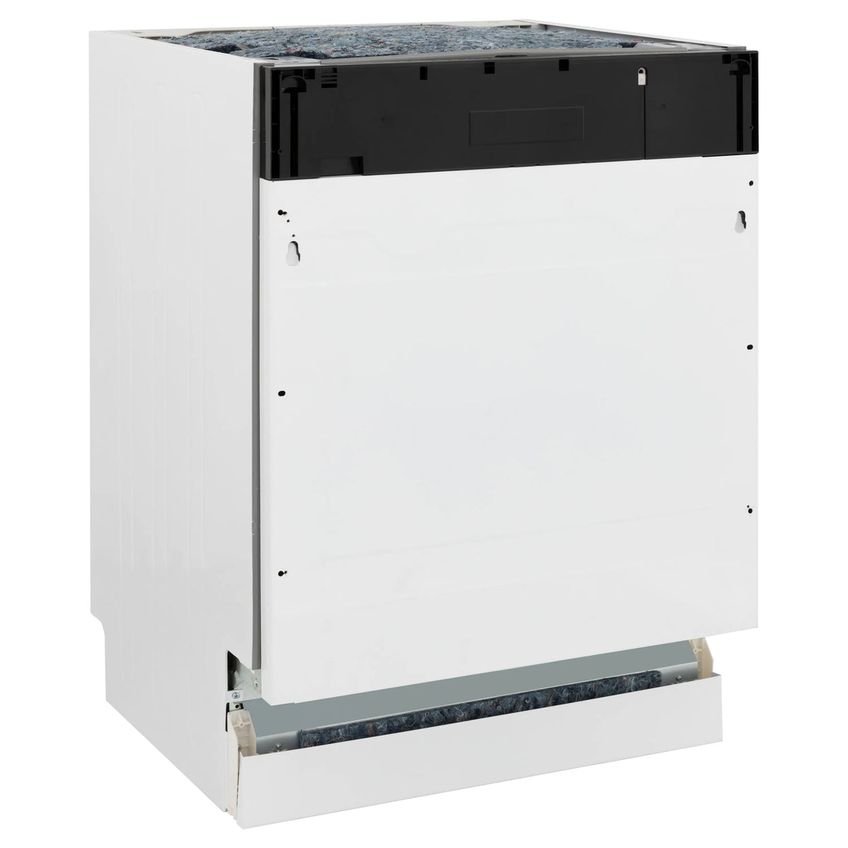 Tall built-in dishwasher body with open interior and bottom rack track