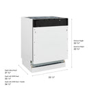 Built-in tall dishwasher with measurement diagram showing depth and height ranges