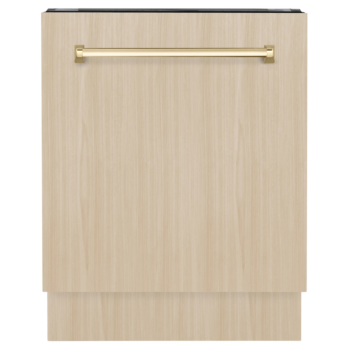Custom panel dishwasher door in light wood with polished gold handle.