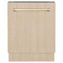 Custom panel dishwasher door in light wood with polished gold handle.