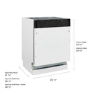 Built-in dishwasher installation dimensions, front and side view