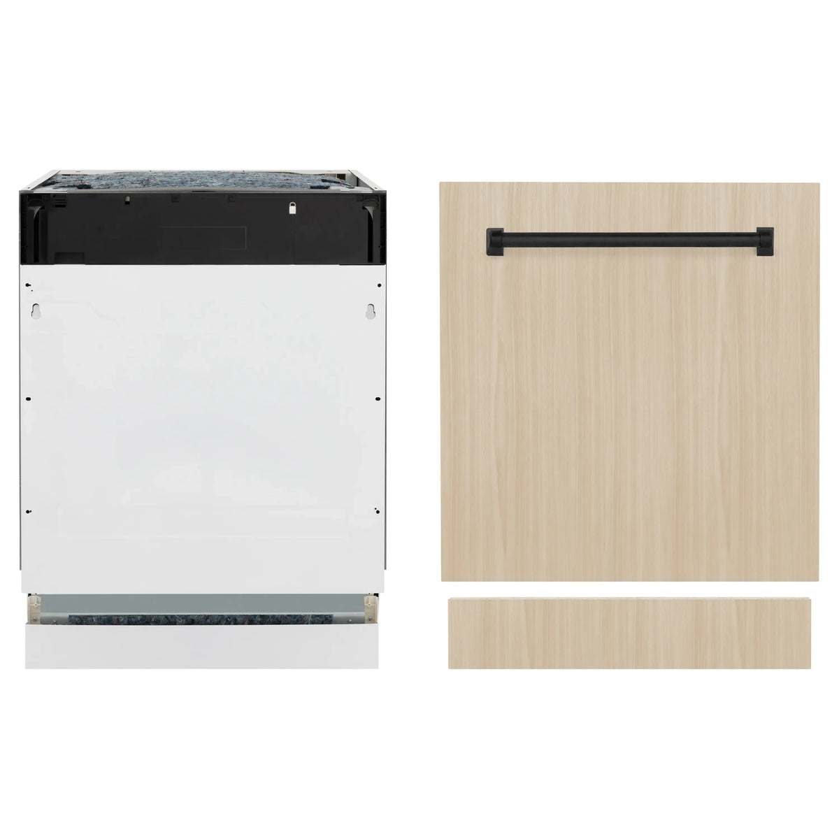 Dishwasher with custom panel and black handle, showing front and side views