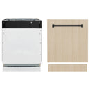 Dishwasher with custom panel and black handle, showing front and side views